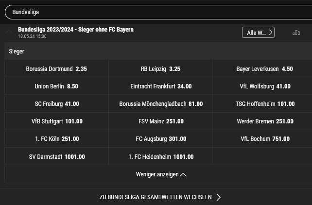 quoten von bwin.de auf die deutsche meisterschaft ohne wertung des fc bayern münchen